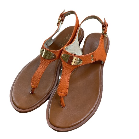 Michael Kors Shoes - Michael Kors Sandals MK Gold Logo Plate Thong Sandals Orange Women Sz 6.5